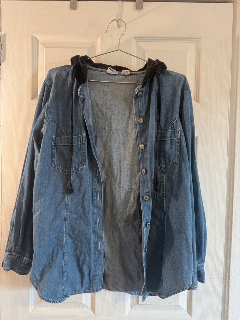 Denim Button-Front Velvet Hooded Shirt
